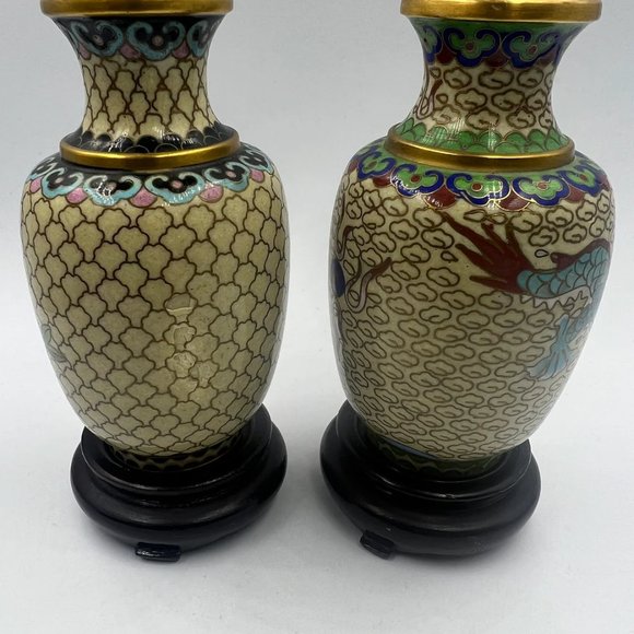 Pair of Vintage Chinese Cloisonne Dragon/Lotus Vases Carved Wood Stand Circa Lat - Picture 2 of 9